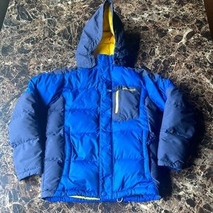 Marmot kids 650 fill goose down winter jacket/ blue &yellow/ size M